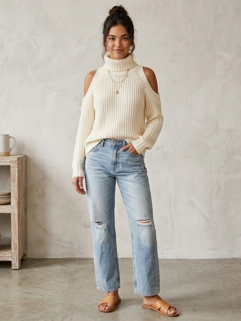 NWT California Moonrise Cold Shoulder Turtleneck Knit Sweater Cream Size: S